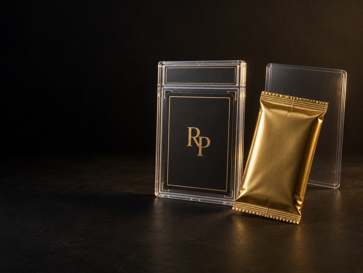 Gold foil card pack and RippingPatrol display slab, a conceptual illustration